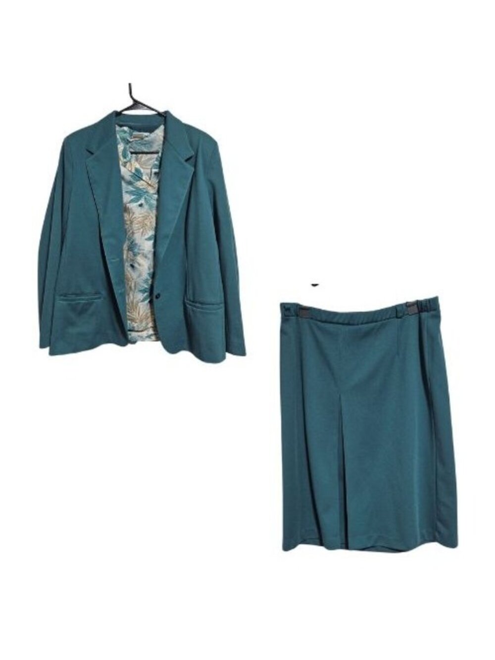Vintage Pykettes Teal 3 Piece Suit Set Plus Size 18 Floral Blouse Blazer Skirt